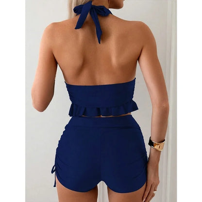 Ruffle Backless Two-Piece Swimsuit Set with Shorts