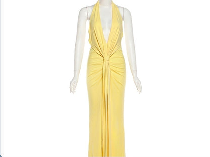 Women's Deep V Halter Backless Pleated Maxi Dress | Elegant Bodycon Evening Gown
