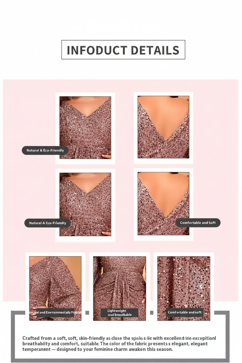Rose Gold V-Neck Sequin Long Sleeved Pleated Dress by Royalessencelux