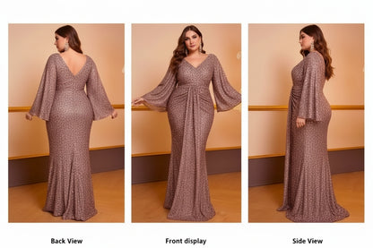 Rose Gold V-Neck Sequin Long Sleeved Pleated Dress by Royalessencelux