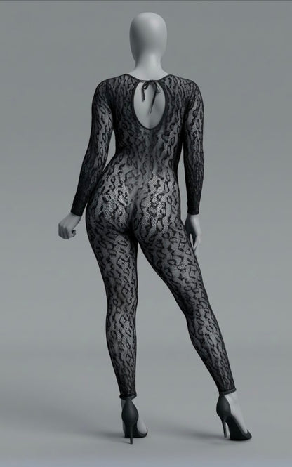 Leilani Leopard Print Sheer Mesh Keyhole Long Sleeve Bodystocking by BE WICKED