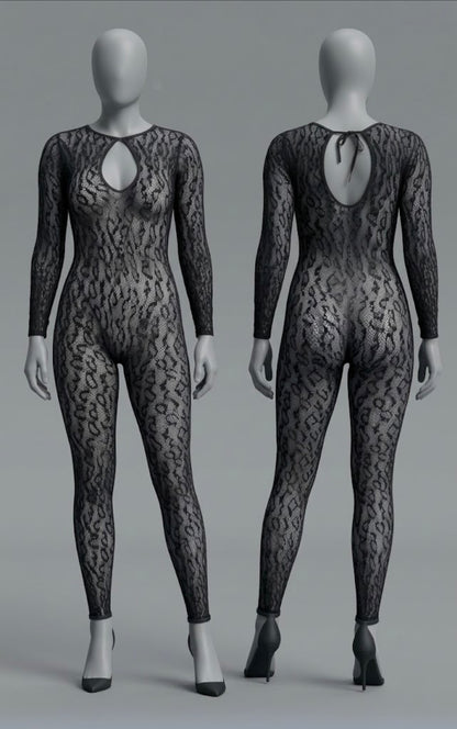 Leilani Leopard Print Sheer Mesh Keyhole Long Sleeve Bodystocking by BE WICKED