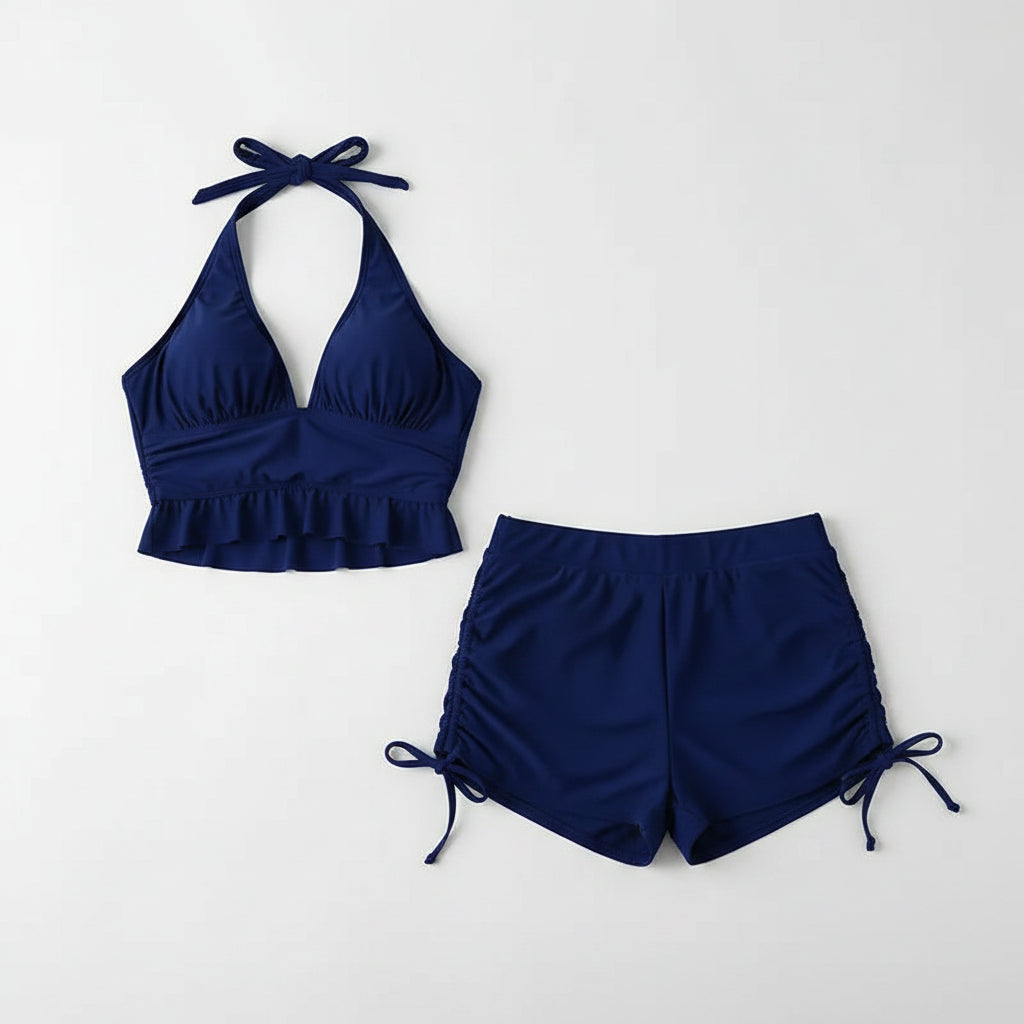 Ruffle Backless Two-Piece Swimsuit Set with Shorts Blue