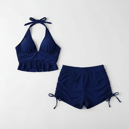 Ruffle Backless Two-Piece Swimsuit Set with Shorts Blue