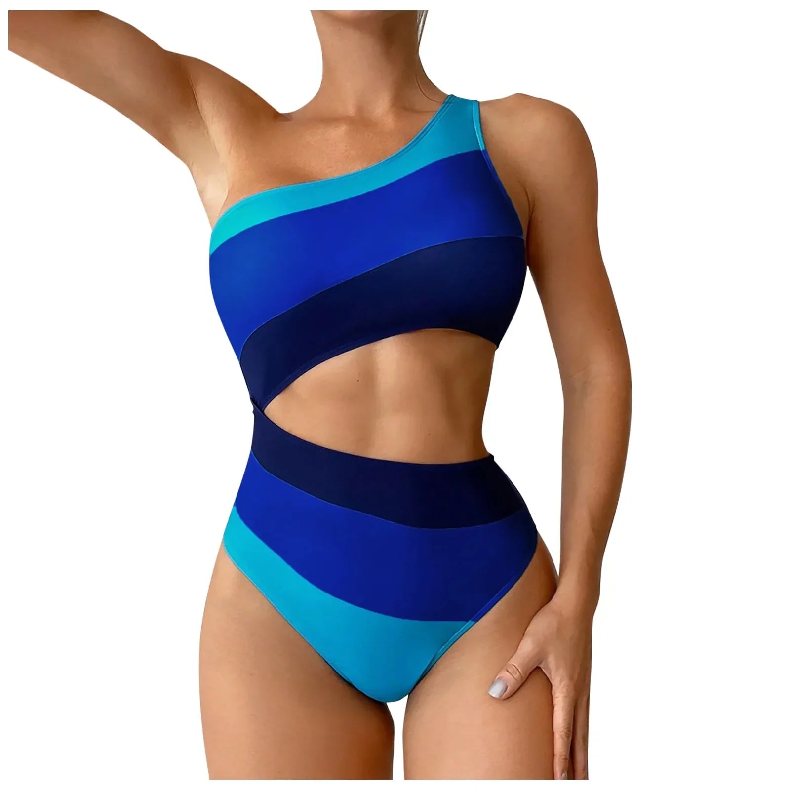 One-Shoulder Color Block Swimsuit Set with Shorts