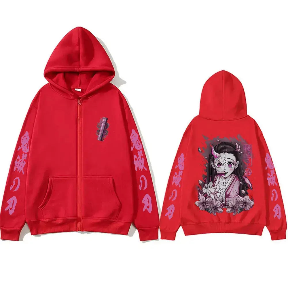 Kamado Nezuko Merch Zipper Hoodie Demon Slayer Oversized Red