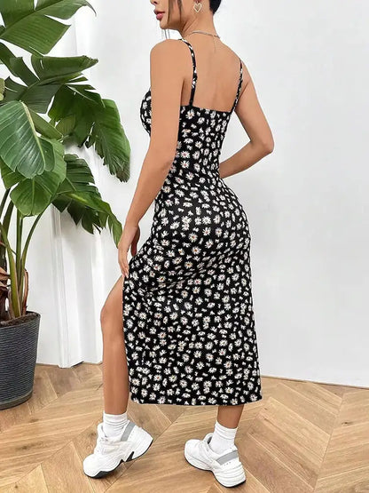 The Printed Halter Midi Dress – Empire Waist, Pencil Silhouette, Black & Light Blue