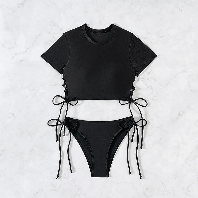 Women's Short-Sleeve Bikini Set | Two-Piece Modest Swimsuit with Drawstring – Red & Black black United States