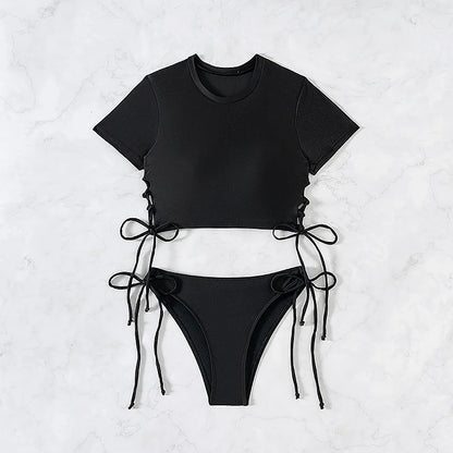 Women's Short-Sleeve Bikini Set | Two-Piece Modest Swimsuit with Drawstring – Red & Black black United States