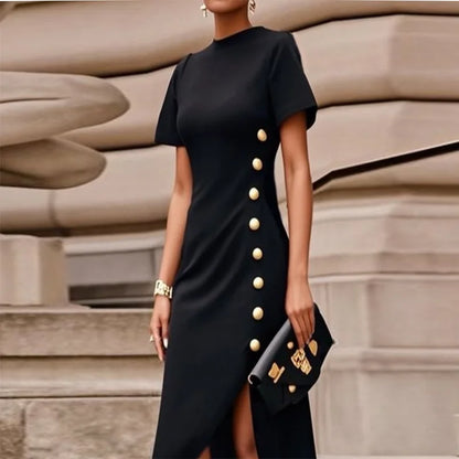 Asymmetrical Maxi Dress – High-Low Hem Short Sleeve Button Detail Dress Black Dresses United States