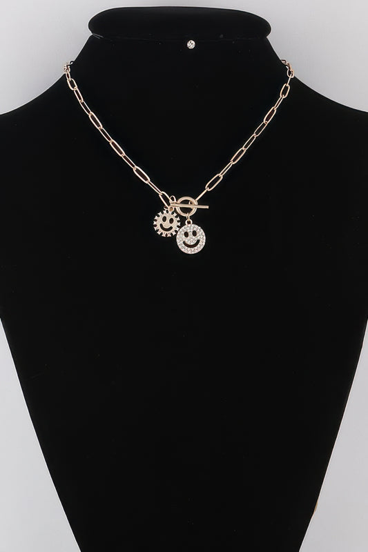 Smiley Face Duo Toggle Chain Necklace Gold Clear