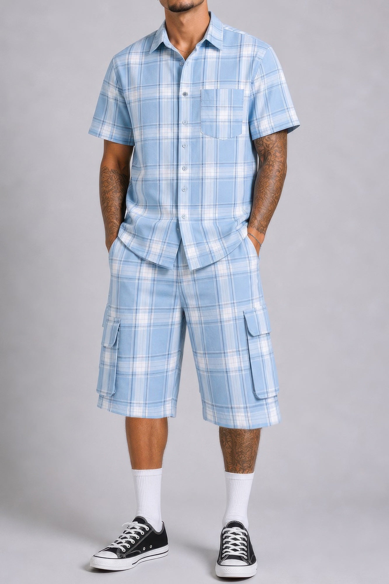 Mens Checkered Shirt And Cargo Shorts Set