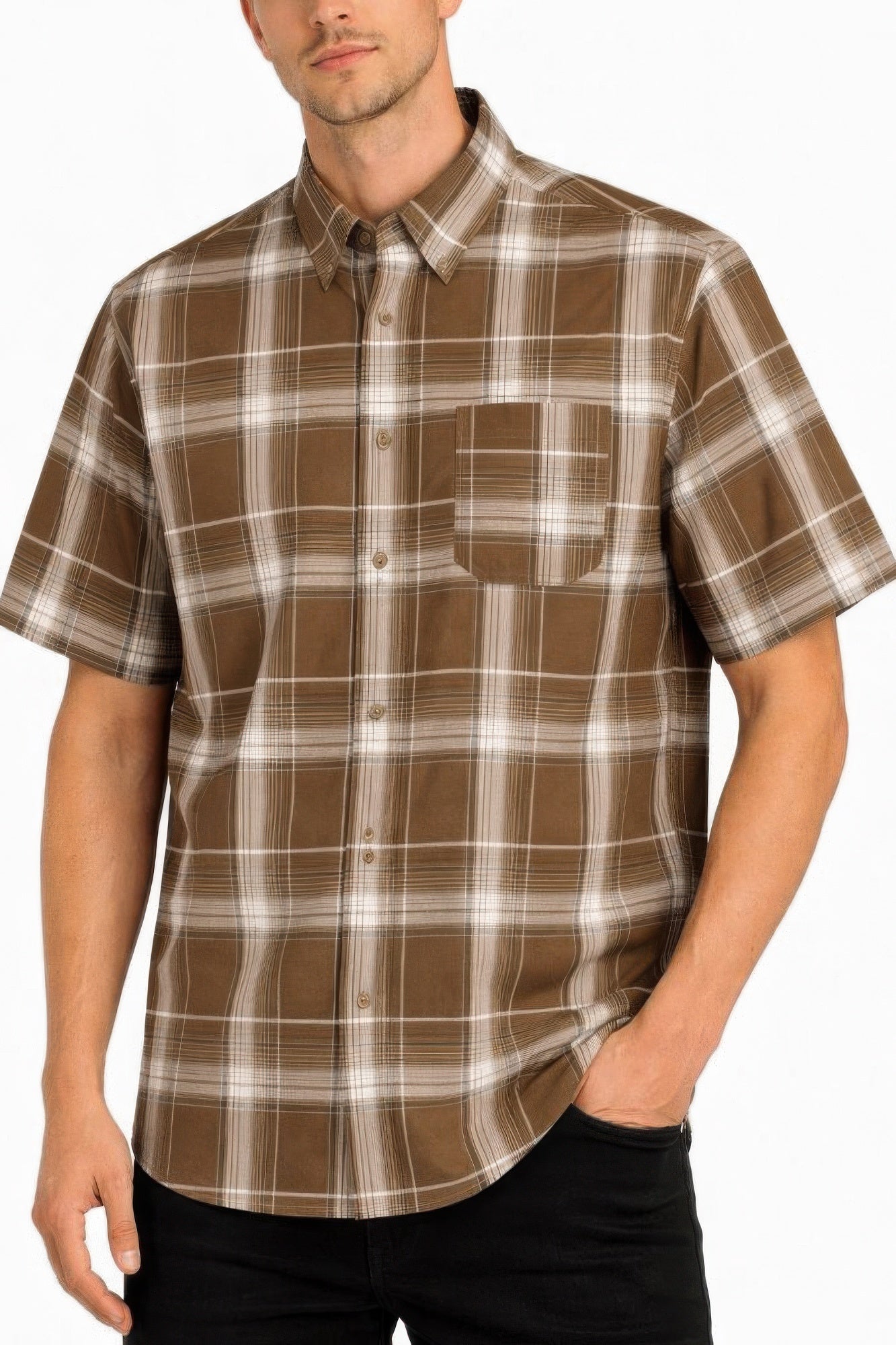 Men's Oldschool Checkered Button Down Short Sleeve Shirt Brown