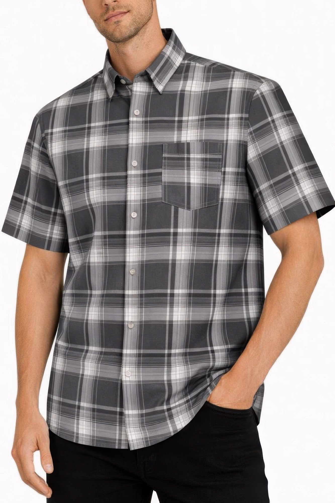 Men's Oldschool Checkered Button Down Short Sleeve Shirt Dark Grey