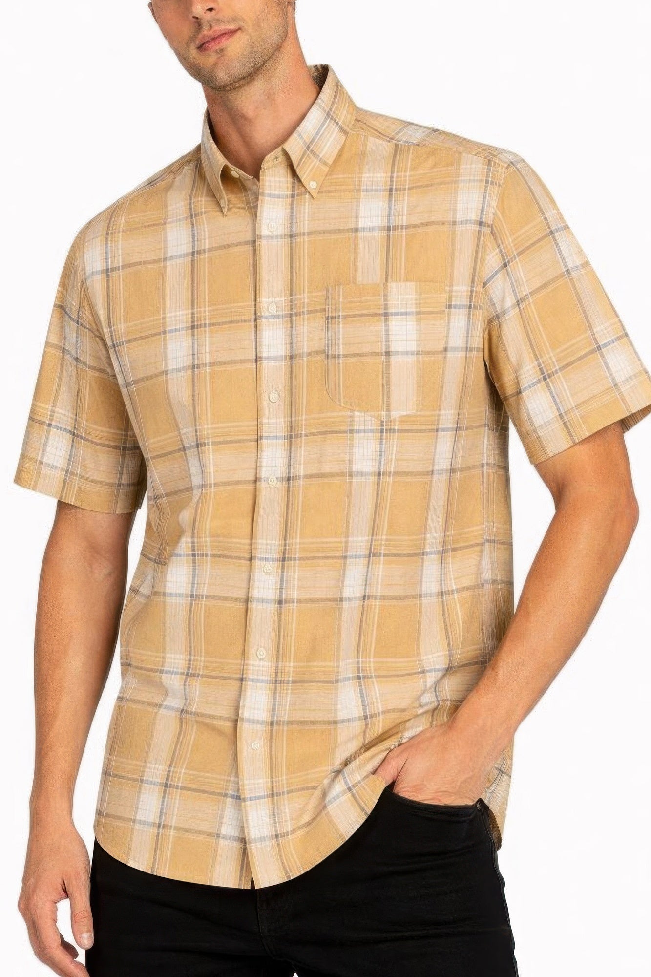 Men's Oldschool Checkered Button Down Short Sleeve Shirt Khaki
