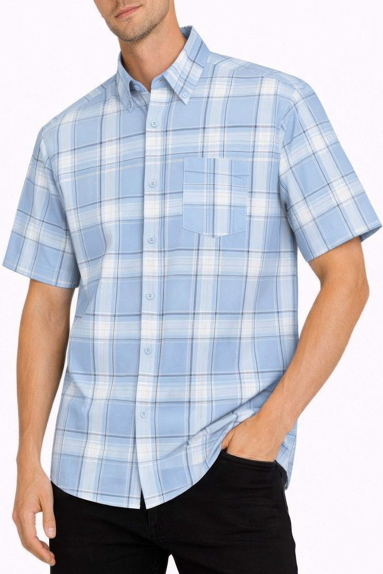 Men's Oldschool Checkered Button Down Short Sleeve Shirt Light Blue