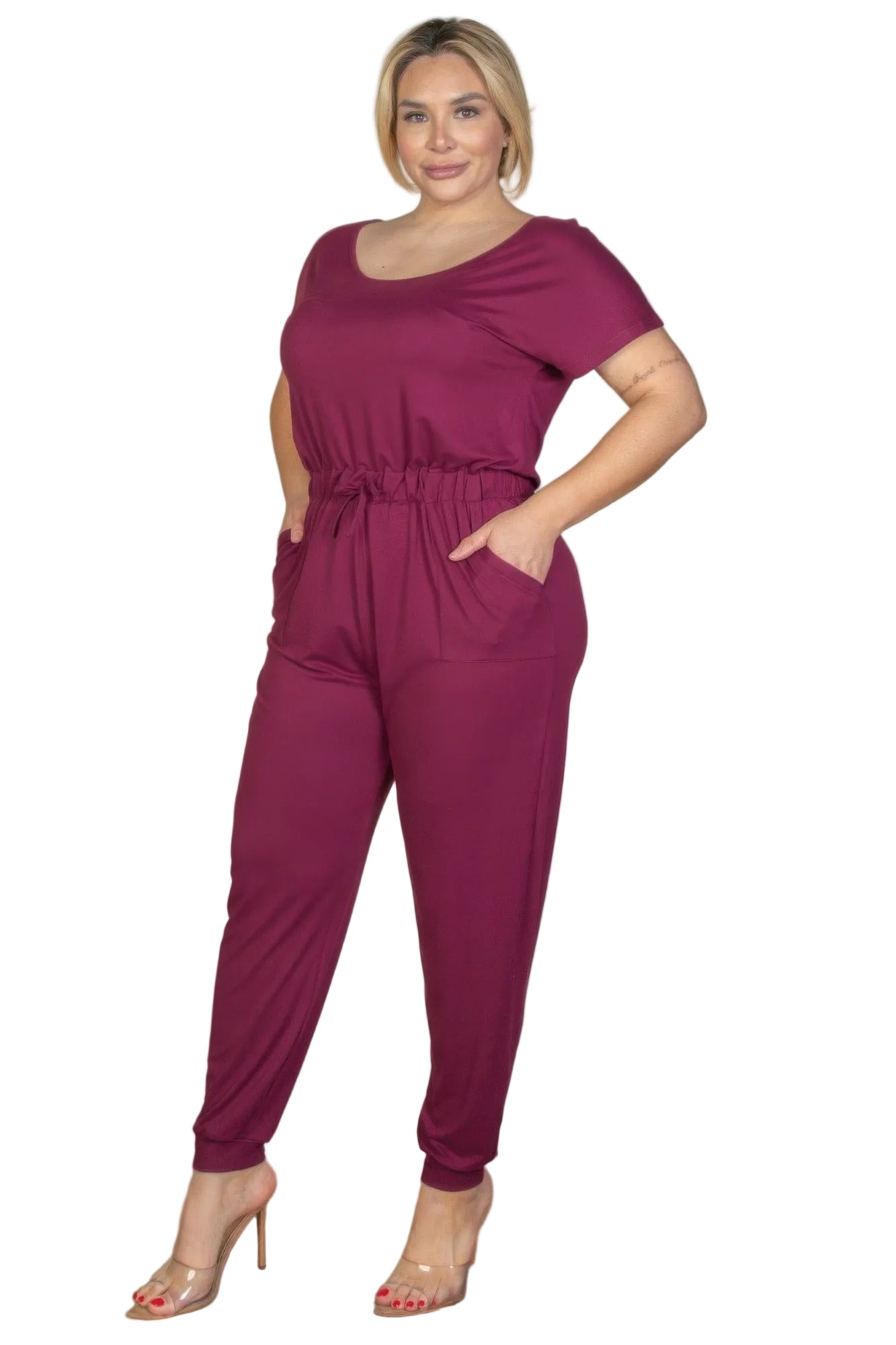Plus Size Solid Drawstring Short Sleeve Jumpsuit Burgundy
