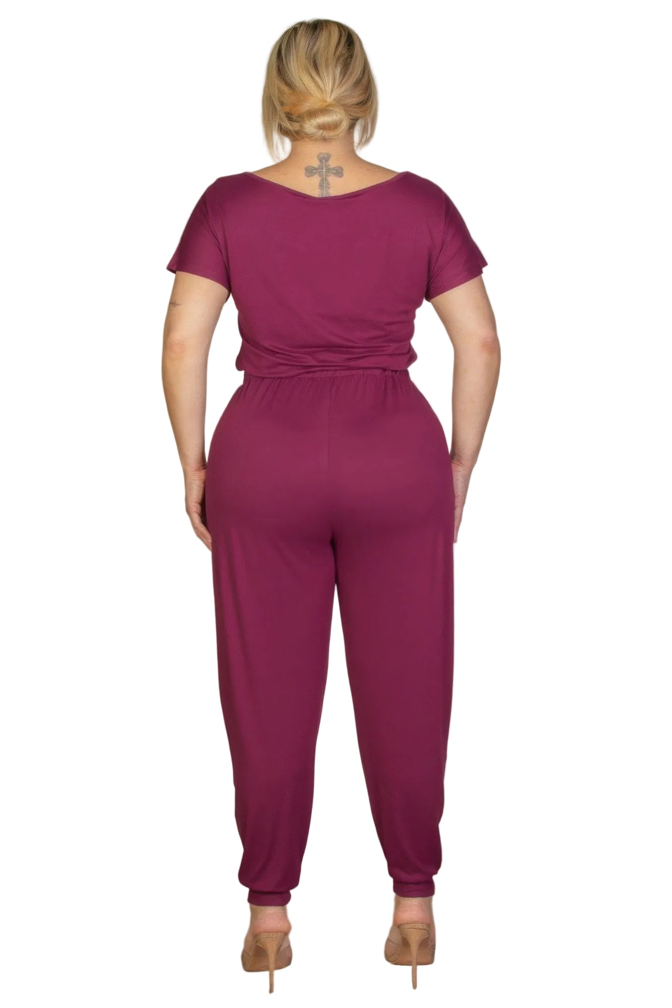 Plus Size Solid Drawstring Short Sleeve Jumpsuit