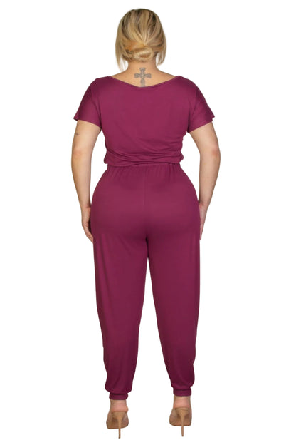 Plus Size Solid Drawstring Short Sleeve Jumpsuit