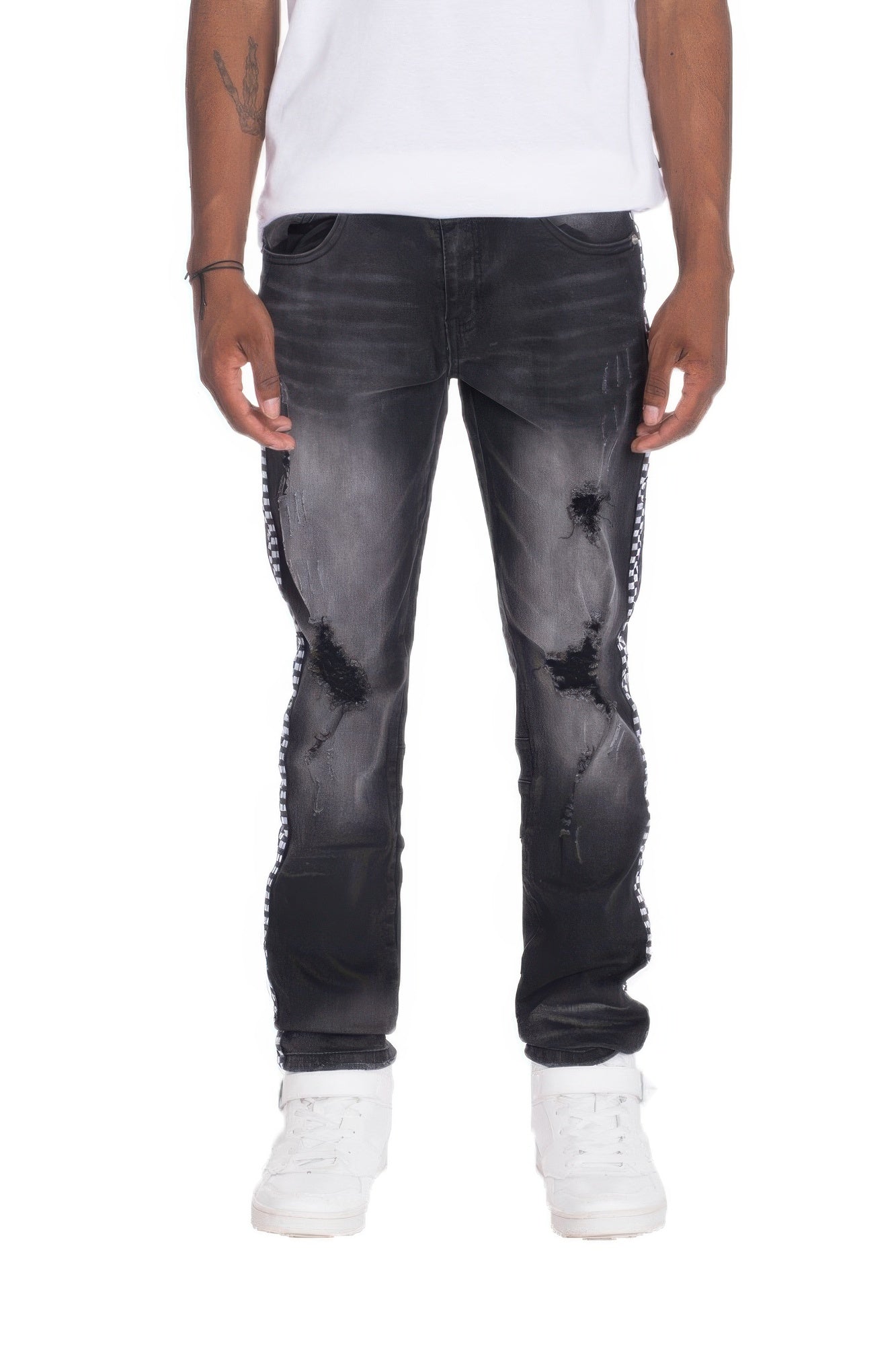 Men's Distressed Denim Checkered Tape Jeans Black Distressed