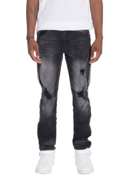 Men's Distressed Denim Checkered Tape Jeans Black Distressed