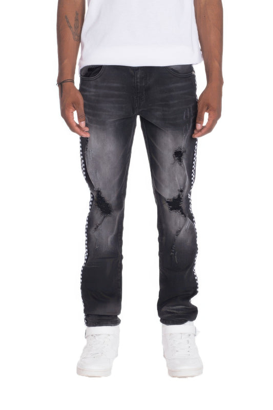 Men's Distressed Denim Checkered Tape Jeans Black Distressed