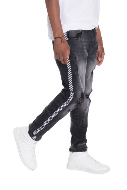 Men's Distressed Denim Checkered Tape Jeans