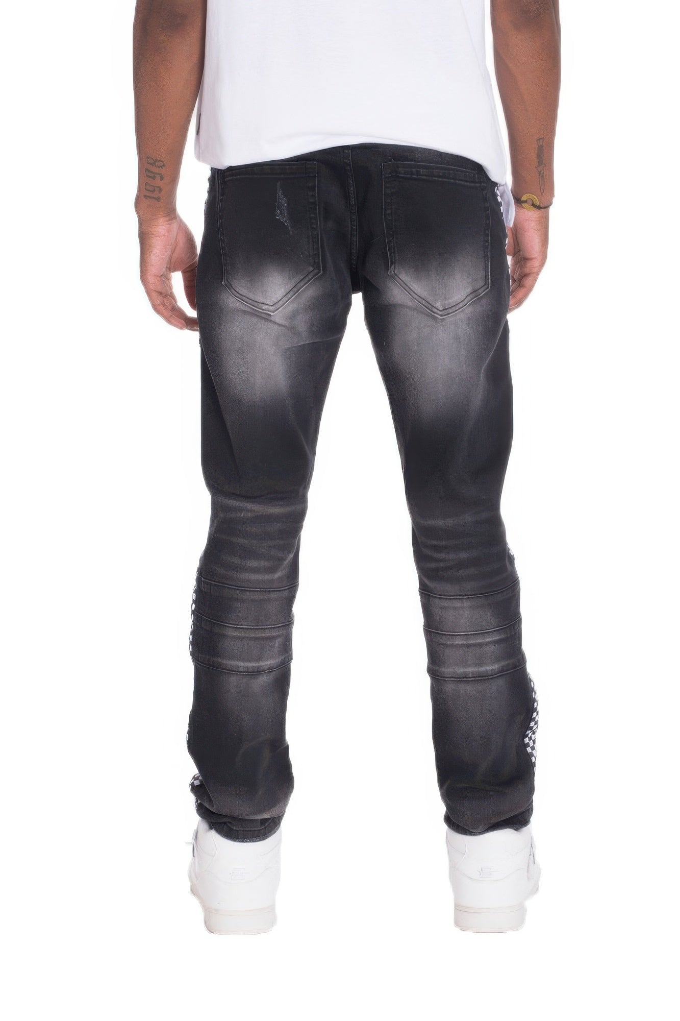 Men's Distressed Denim Checkered Tape Jeans
