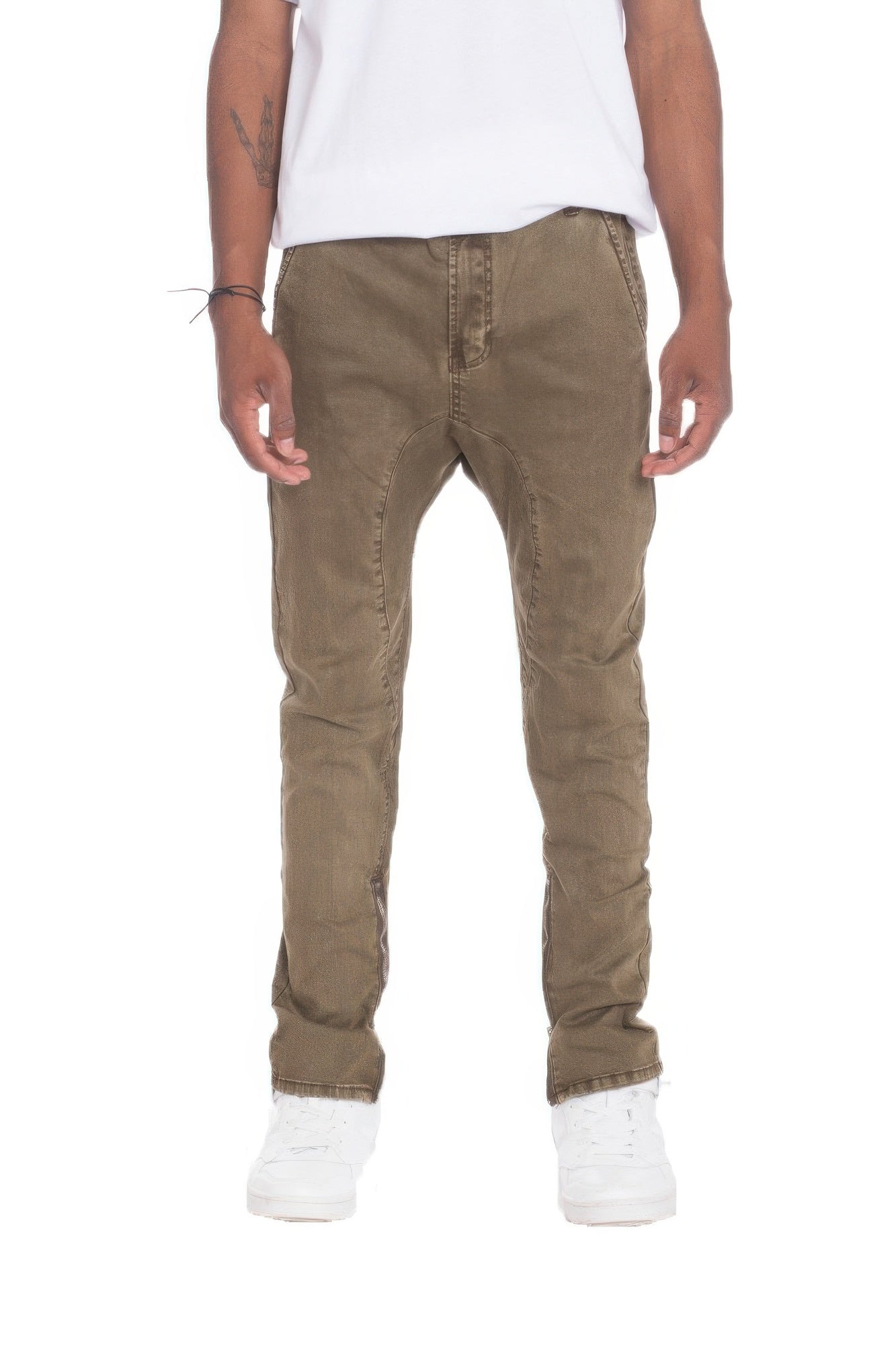 Men's Distressed Denim Checkered Tape Jeans Brown
