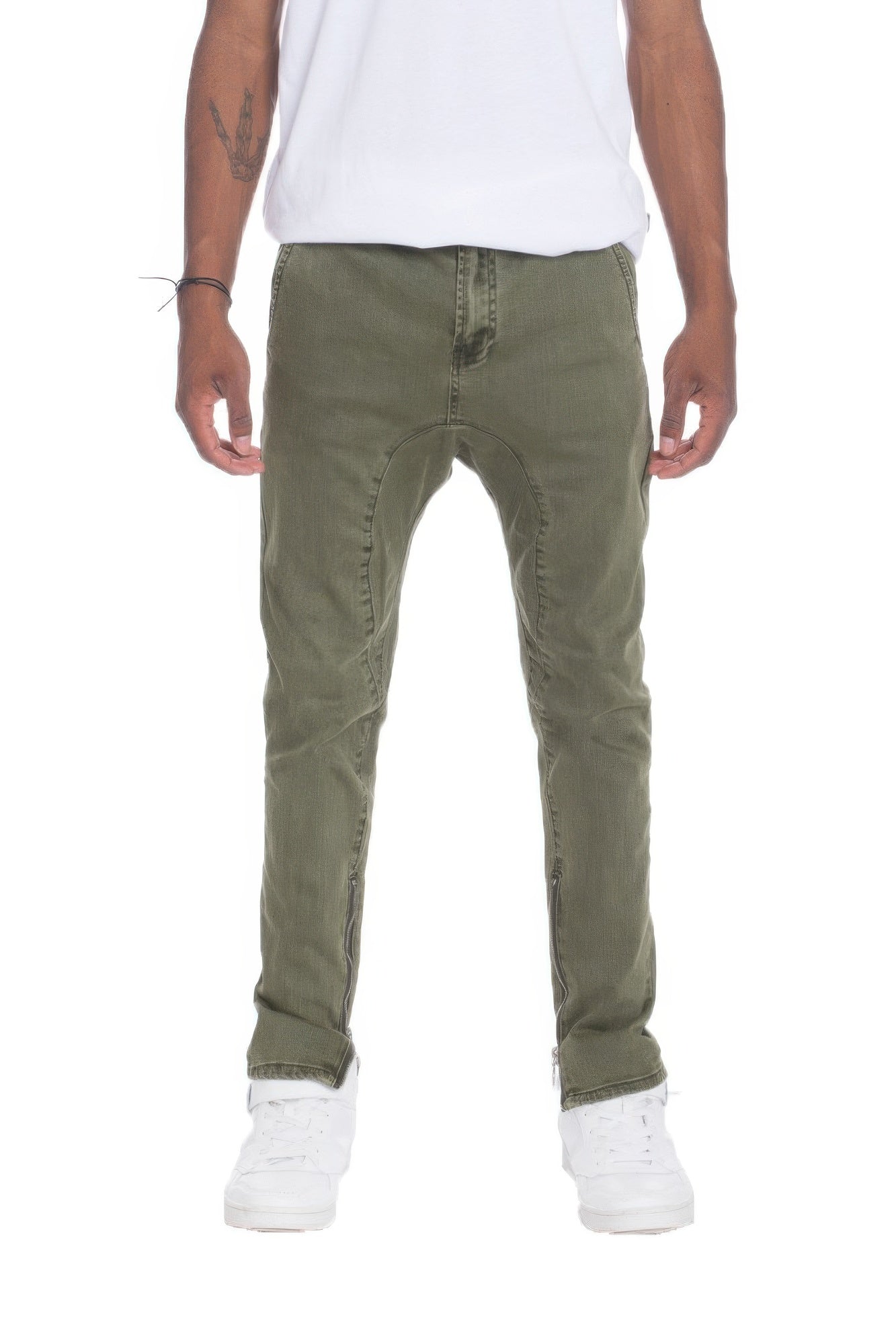 Men's Distressed Denim Checkered Tape Jeans Olive