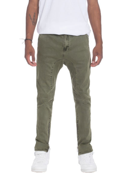 Men's Distressed Denim Checkered Tape Jeans Olive