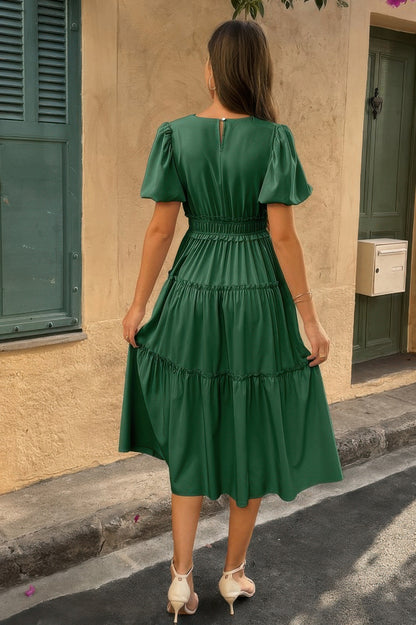 The Puff Sleeve Elastic Waist Midi Dress – 6 Colors incl. Olive, Khaki & Navy