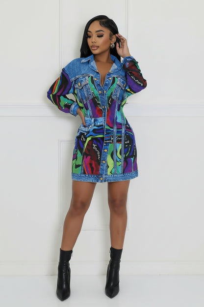Denim Effect Abstract Print Two-Piece Set – Blouse & Mini Skirt Blue