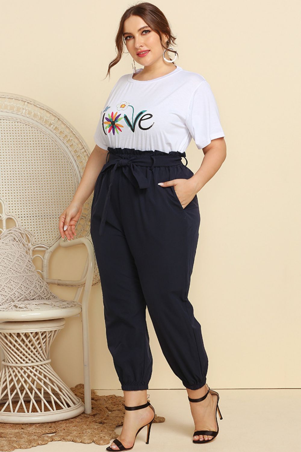 Plus Size Graphic Tee and Belted Paperbag Pants Set