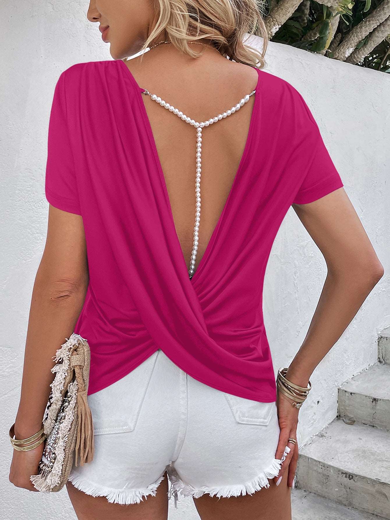 Women's Elegant Beads Trim Back Twisted Blouse, cerise, back view