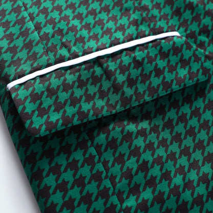 Men's Houndstooth Pattern 2-Button Blazer | 3D Slim Fit Notched Lapel Jacket – Black & Green