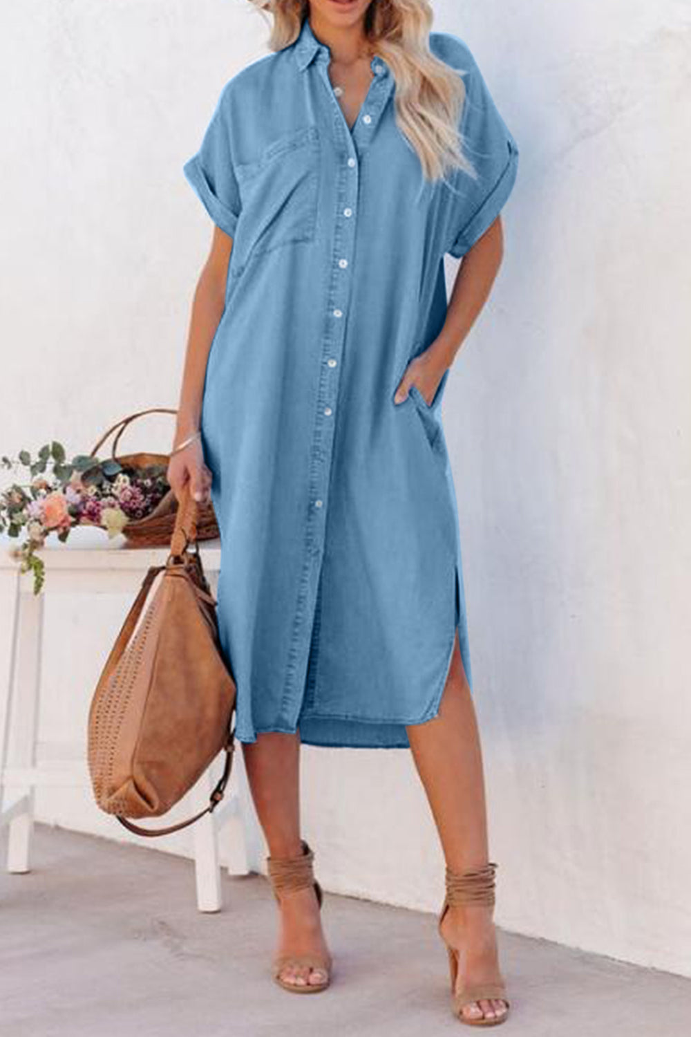 Women's Slit Button Up Short Sleeve Faux Denim Midi Dress