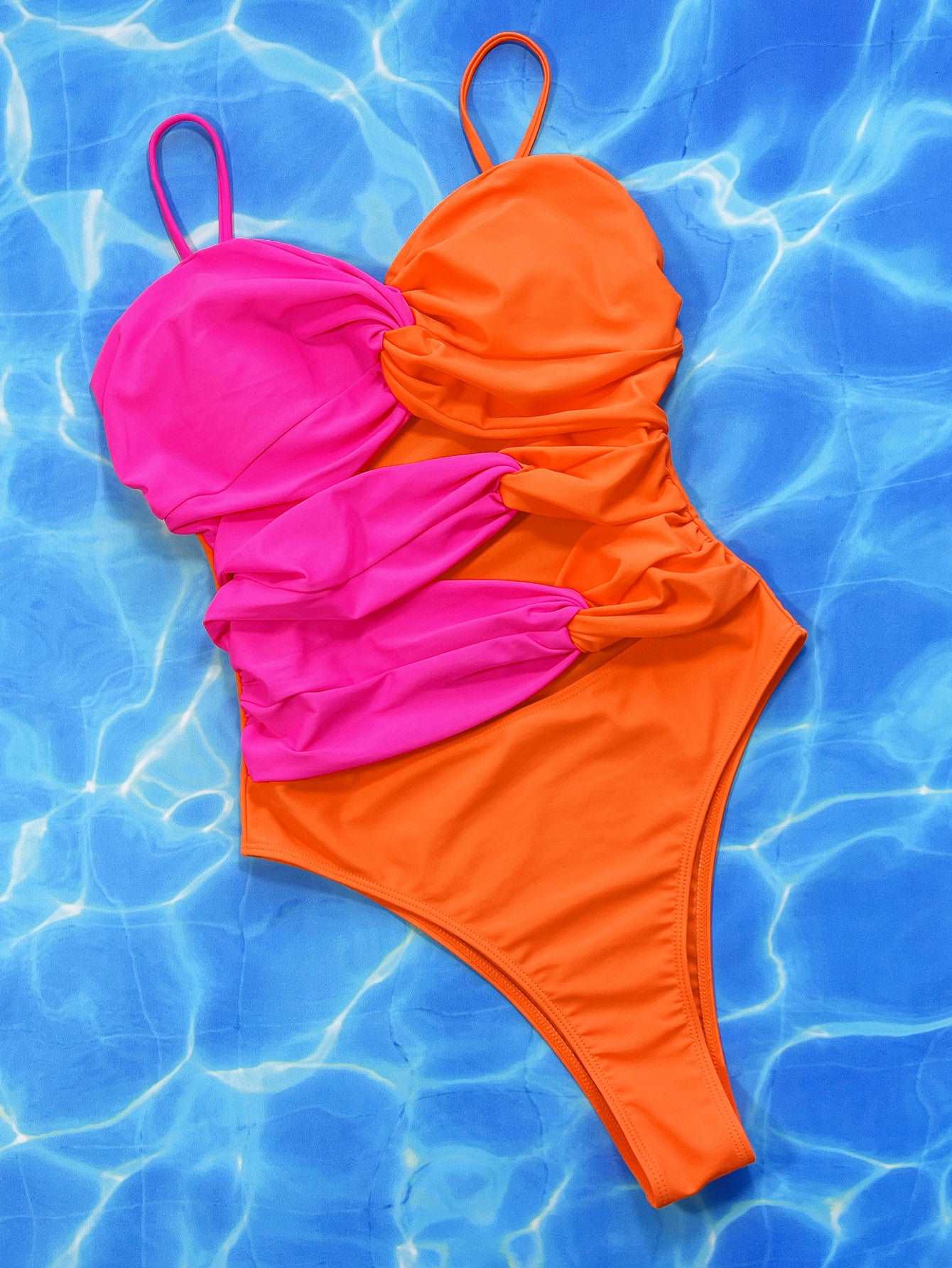 Two Tone One Piece Swimsuit / Bodysuit in Neon Pink & Orange