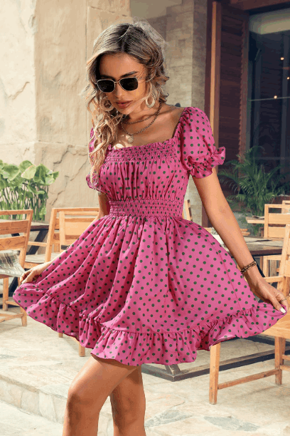 Polka Dot Square Neck Smocked Waist Dress