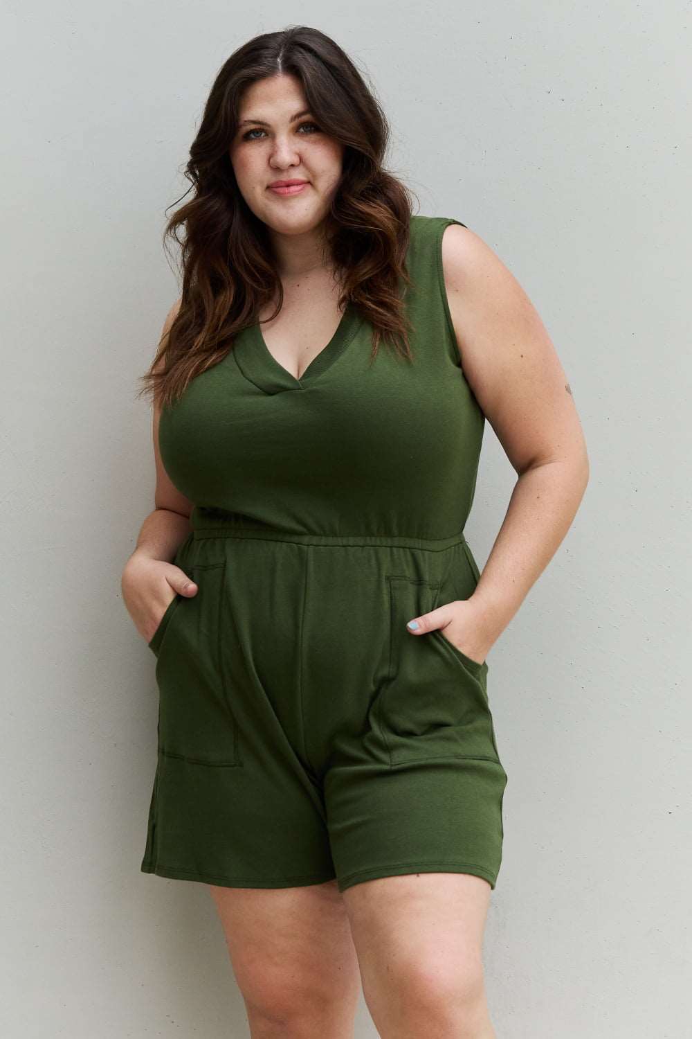 Zenana - Women's Plus Size Forever Yours V-Neck Sleeveless Romper in Army Green