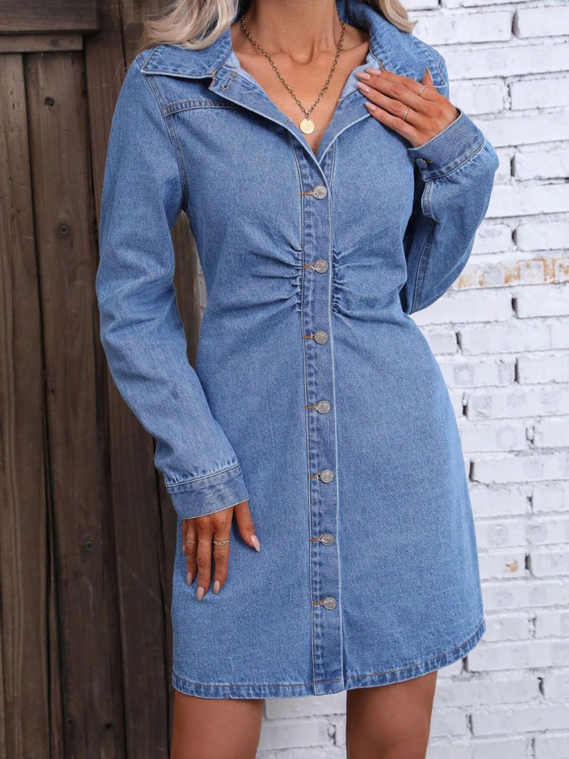 Ruched Button-Up Long Sleeve Denim Mini Dress