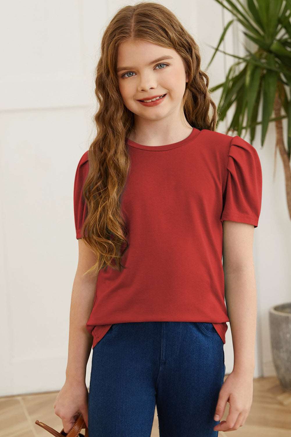 Girls Round Neck Puff Sleeve Blouse, deep red, back view