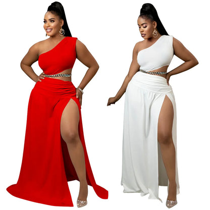 One-Shoulder Cutout Top and A-Line Skirt Set in Summer Knit