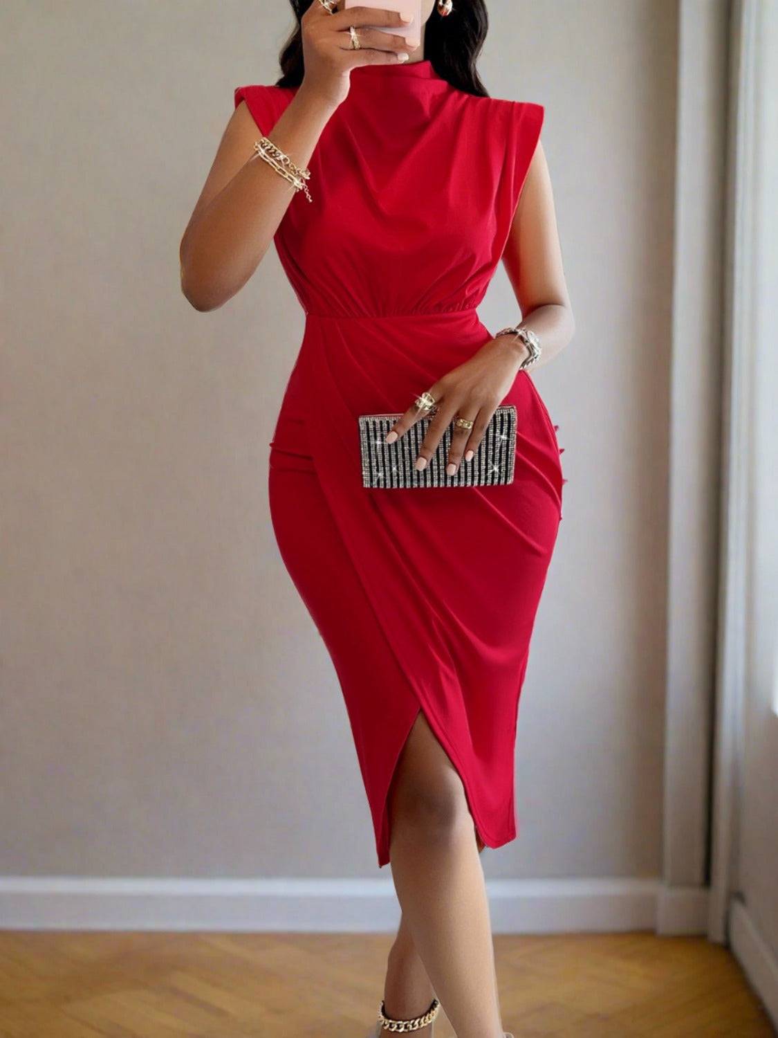 Women's Cutout Slit Mock Neck Sleeveless Midi Dress