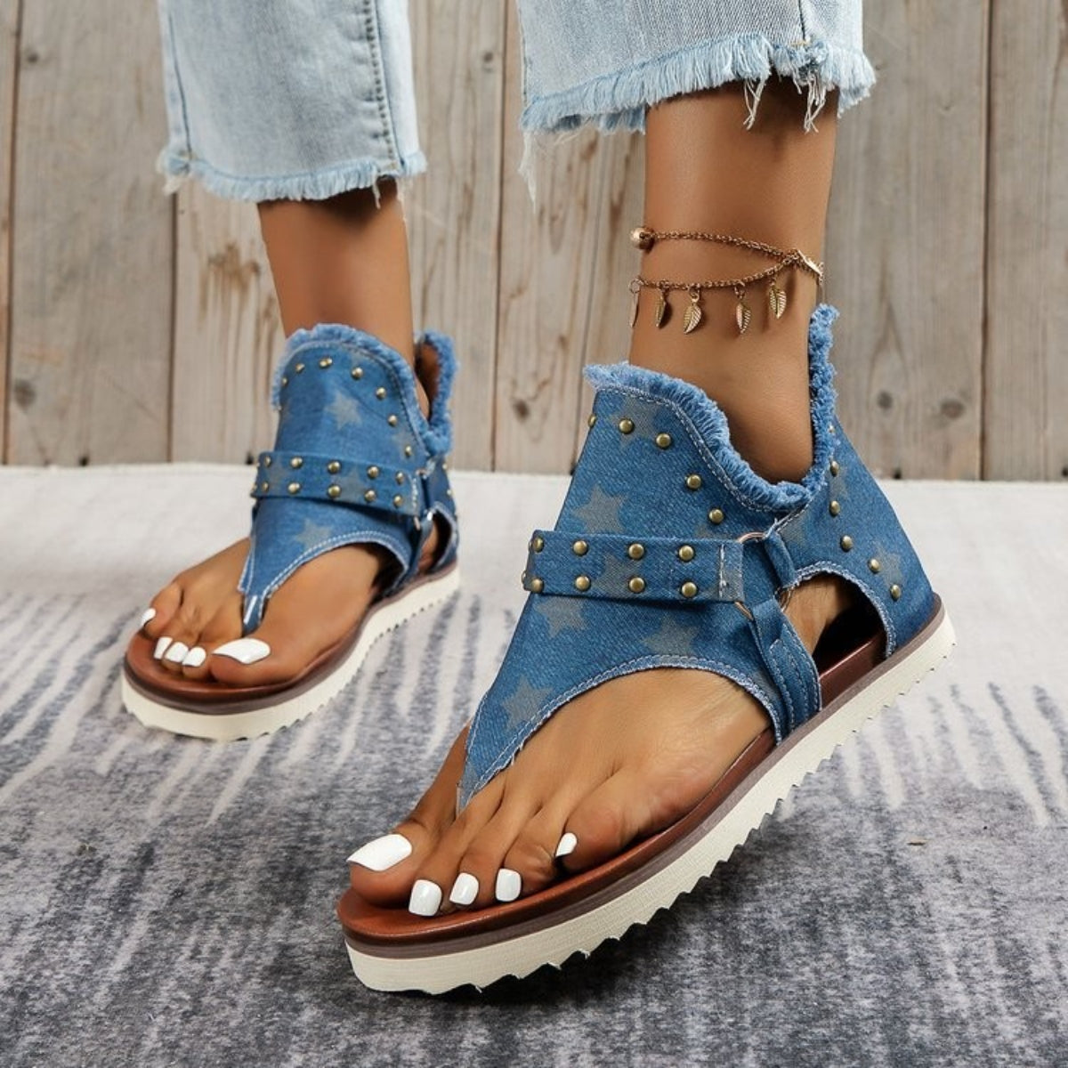 Women's Studded Raw Hem Flat Sandals