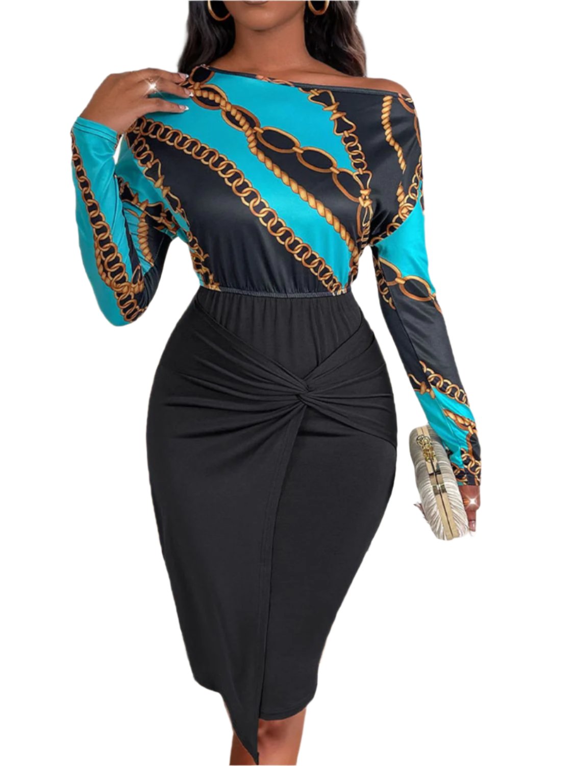 Perfee Twisted Printed Long Sleeve Midi Dress