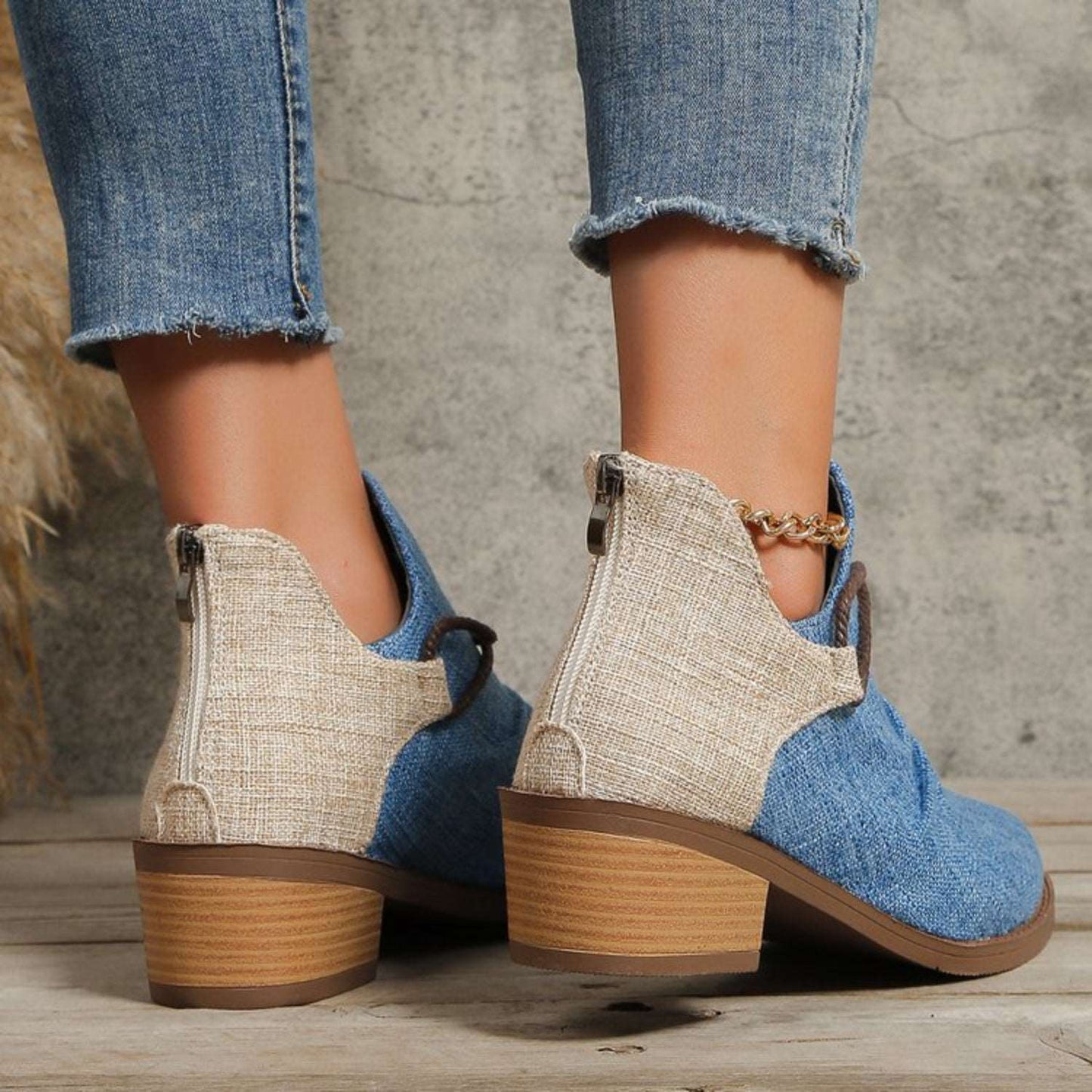 Contrast Canvas Low Heel Ankle Boots