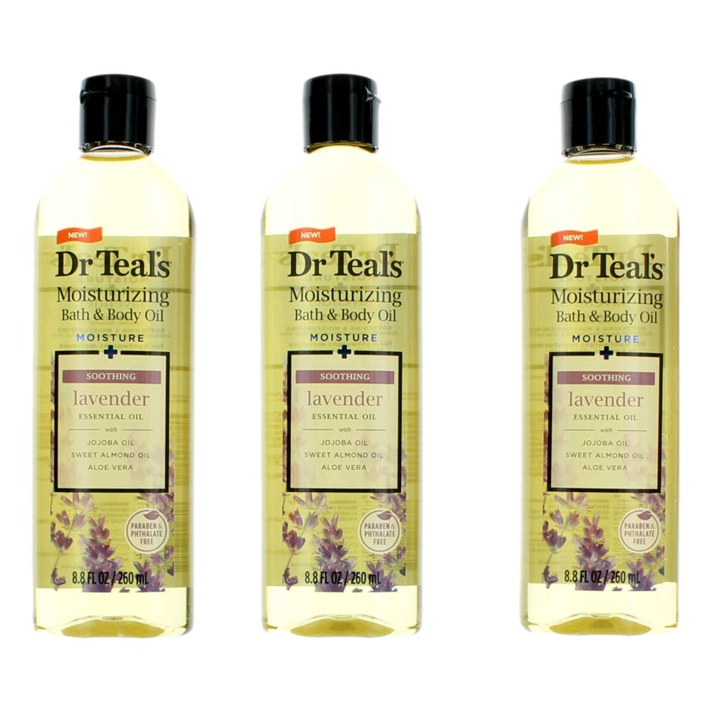 Soothing Lavender Essential Oil, 3 Pack 8.8oz Moisturizing Bath & Body Oil by Dr. Teal's