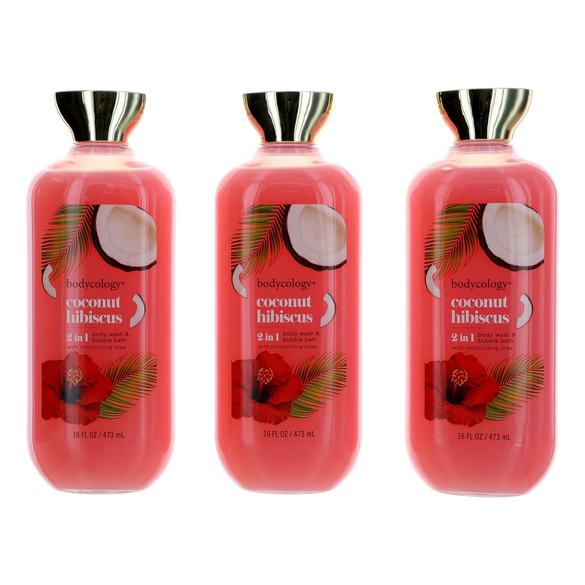 Coconut Hibiscus by Bodycology, 3 Pack 16oz 2 in 1 Body Wash & Bubble Bath women by Bodycology