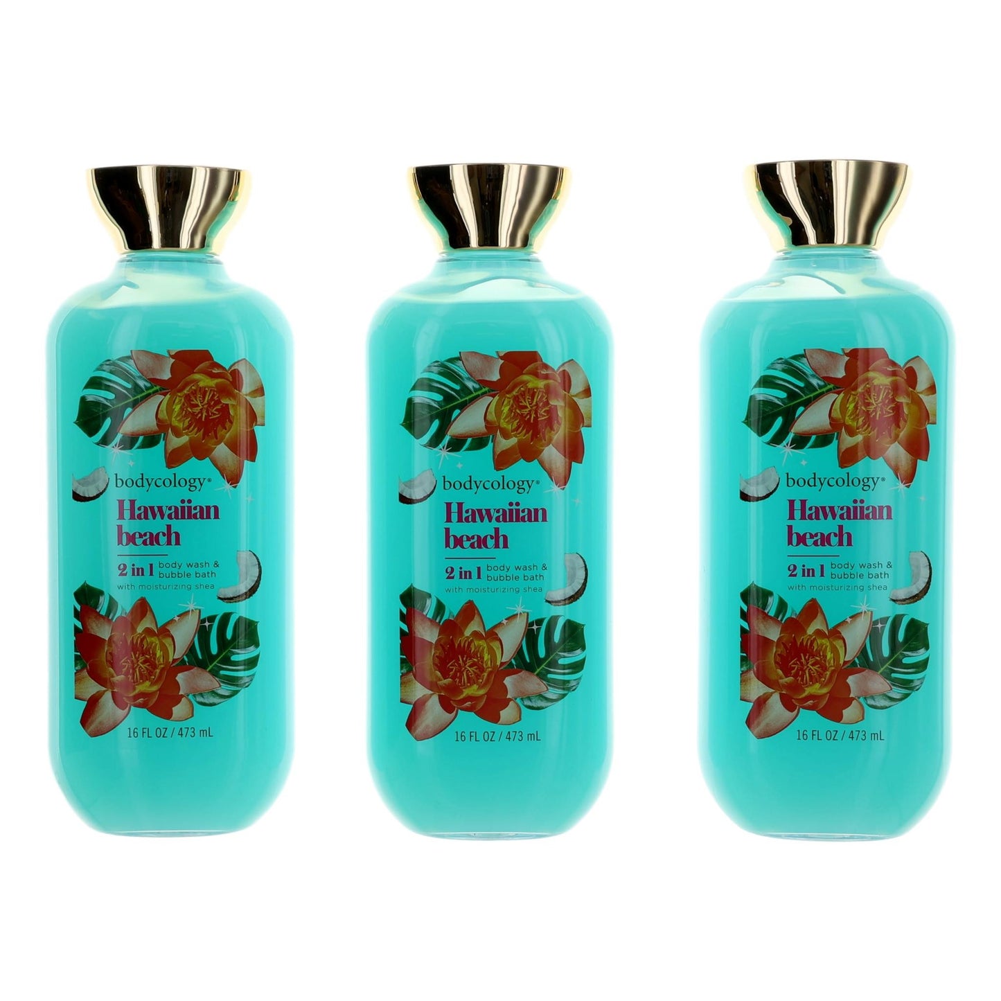 Hawaiian Beach by Bodycology, 3 Pack 16oz 2 in 1 Body Wash & Bubble Bath women by Bodycology